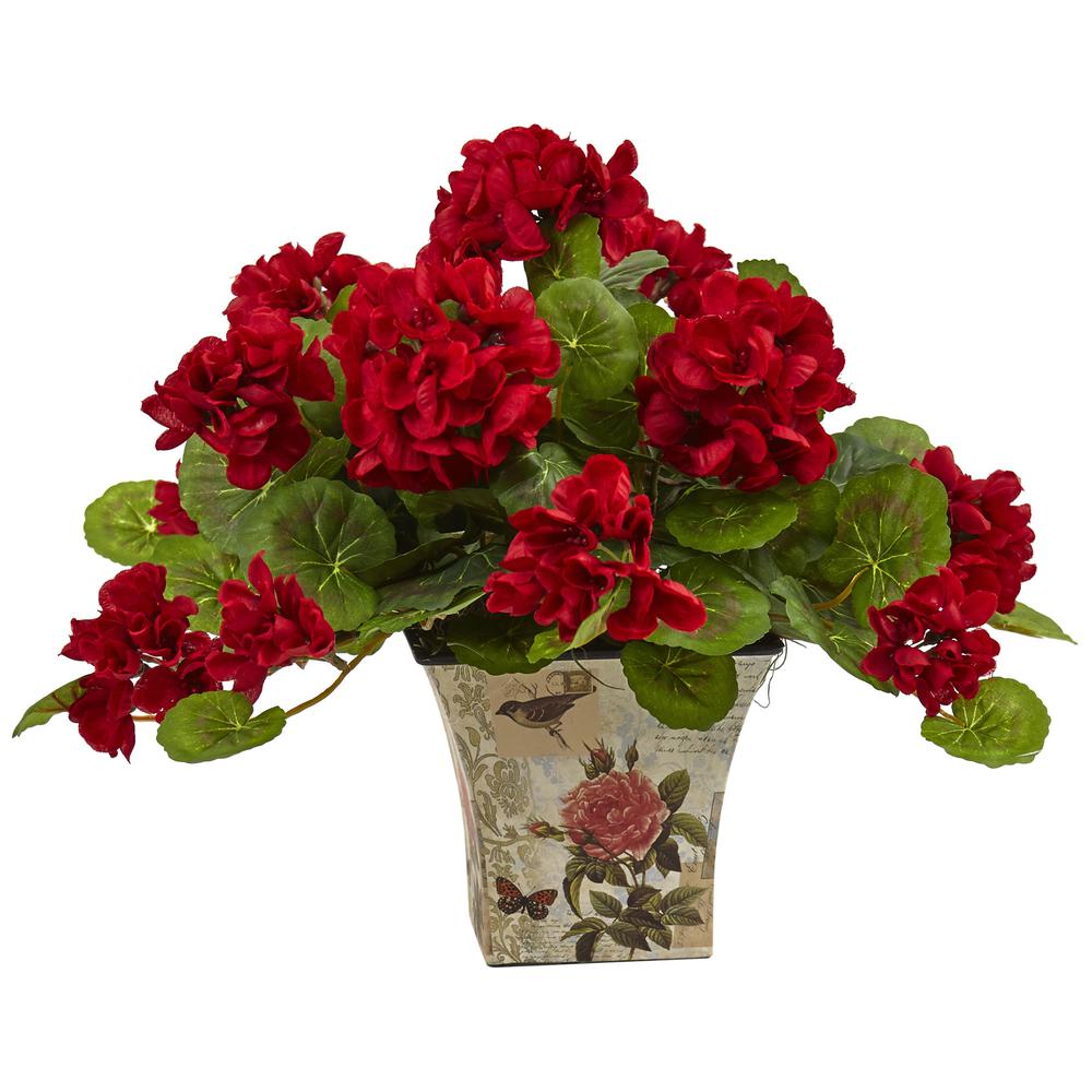 11in. Geranium Flowering Silk Plant with Floral Planter (Set of 2). Picture 2