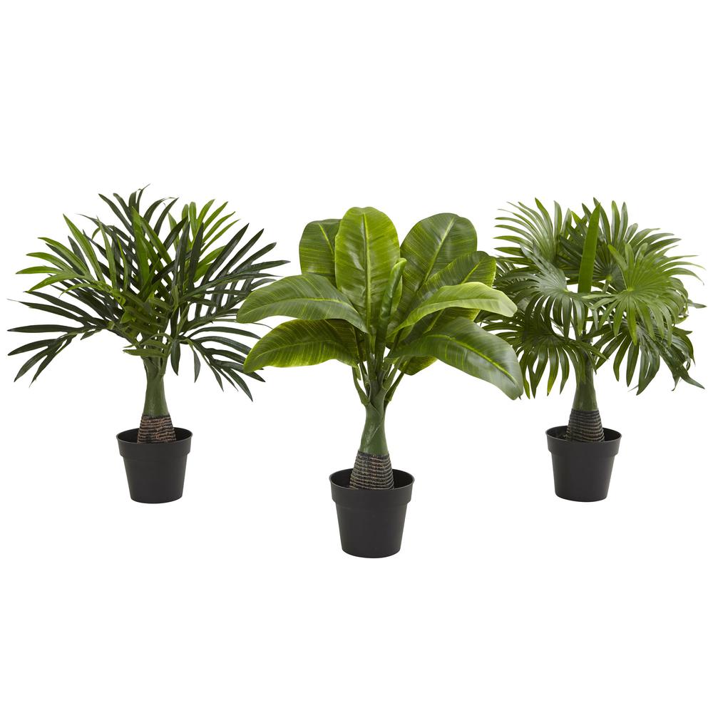 Areca, Fountain & Banana Palm Artificial Trees (Set of 3). Picture 1