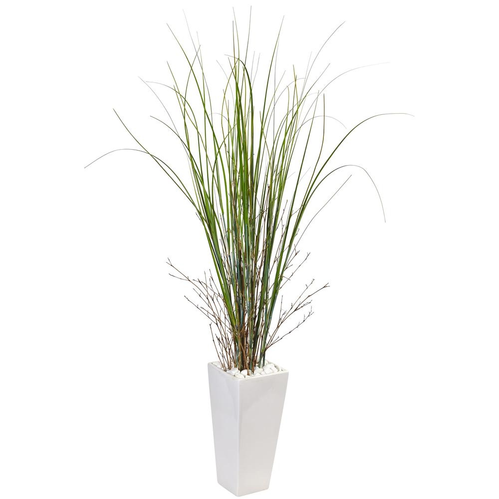 Bamboo Grass Artificial Plant in White Tower Ceramic. Picture 1