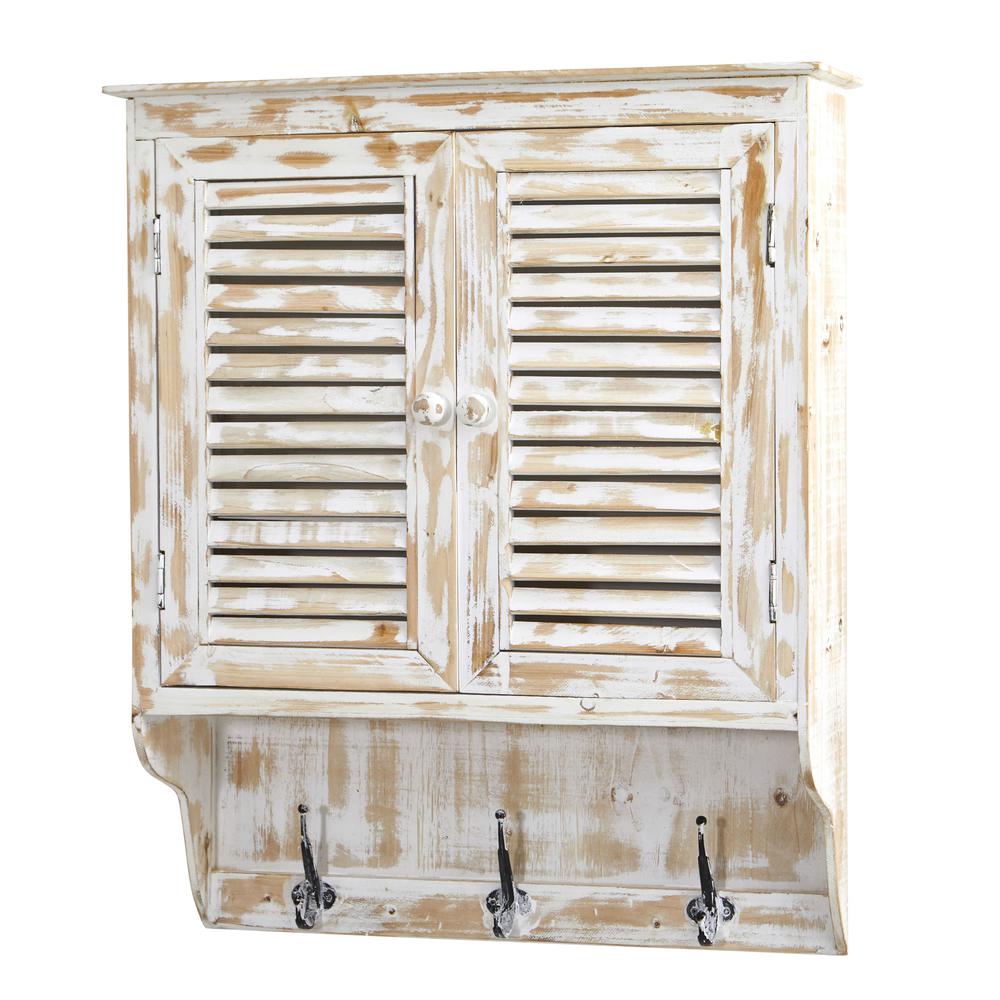 32in. White Washed Wall Cabinet with Hooks. Picture 1