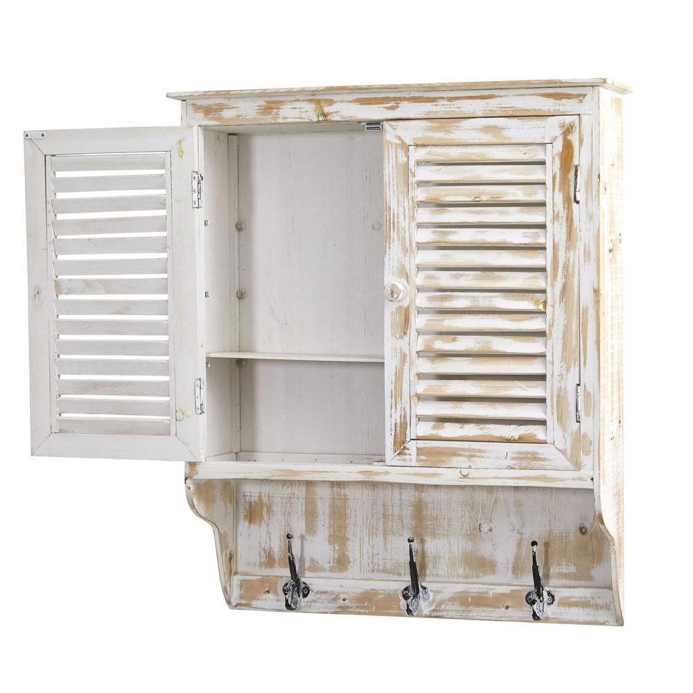 32in. White Washed Wall Cabinet with Hooks. Picture 3