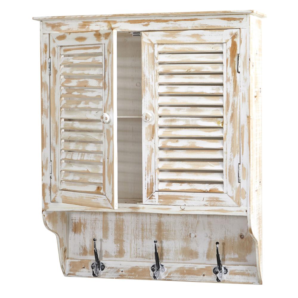 32in. White Washed Wall Cabinet with Hooks. Picture 4