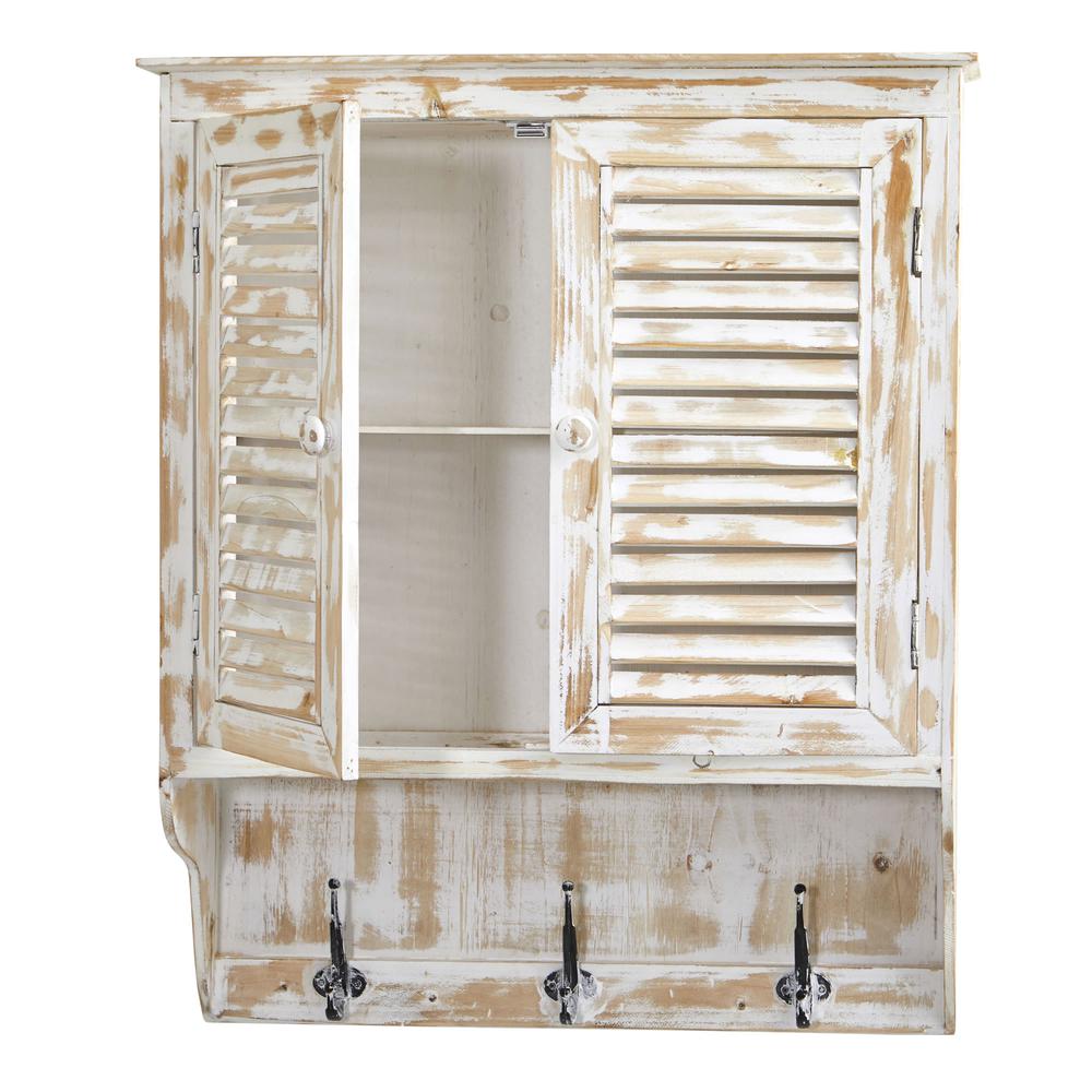 32in. White Washed Wall Cabinet with Hooks. Picture 5