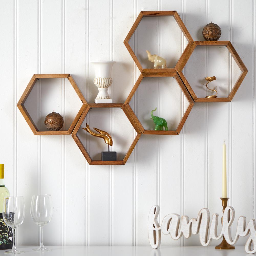 12in. Wooden Hexagon Floating Honeycomb Shelf (Set of 5). Picture 4