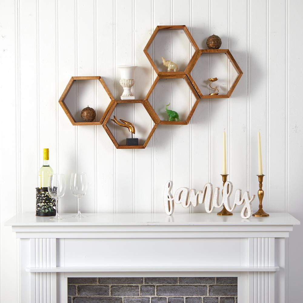 12in. Wooden Hexagon Floating Honeycomb Shelf (Set of 5). Picture 3
