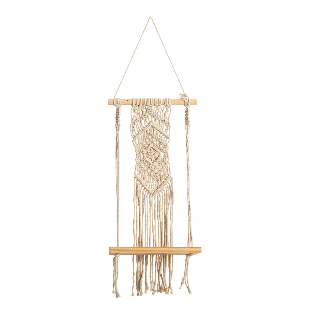 22in. Boho Chic Wood Macrame Shelf with Diamond Weave. Picture 1