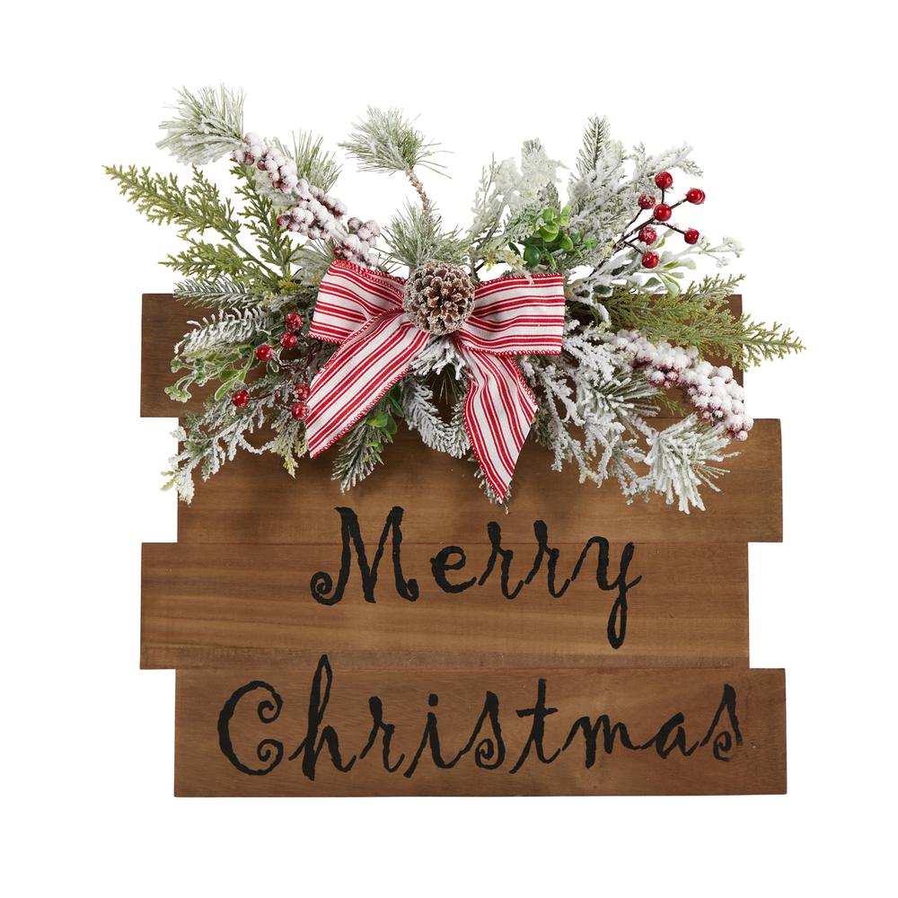 20in. Holiday Merry Christmas Door Wall Hanger with Pine and Berries Stripped Bow Wall Art Décor. Picture 1