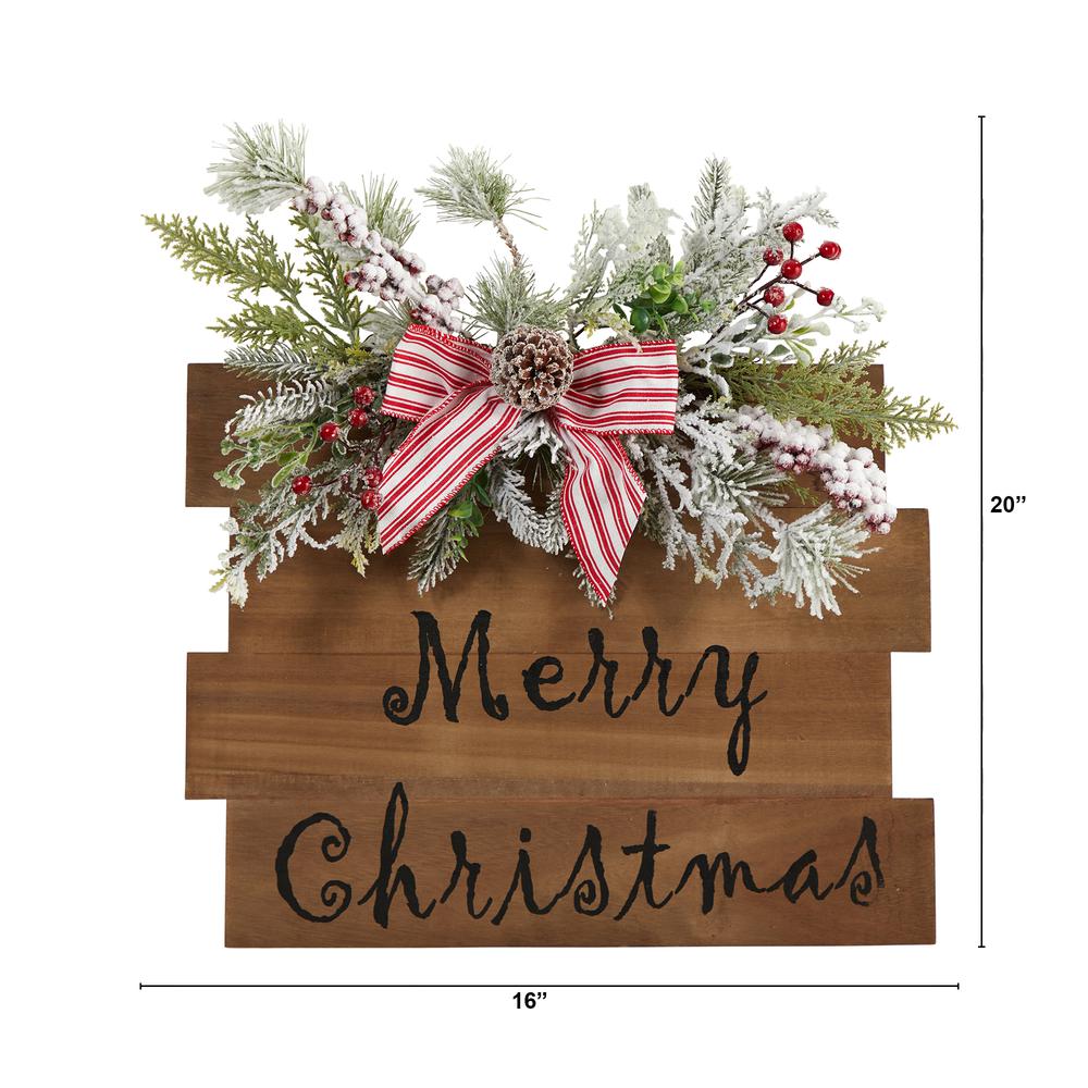 20in. Holiday Merry Christmas Door Wall Hanger with Pine and Berries Stripped Bow Wall Art Décor. Picture 2