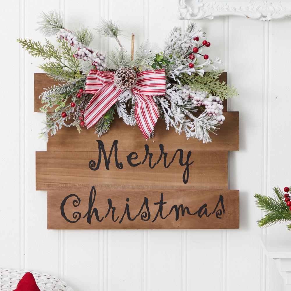 20in. Holiday Merry Christmas Door Wall Hanger with Pine and Berries Stripped Bow Wall Art Décor. Picture 3