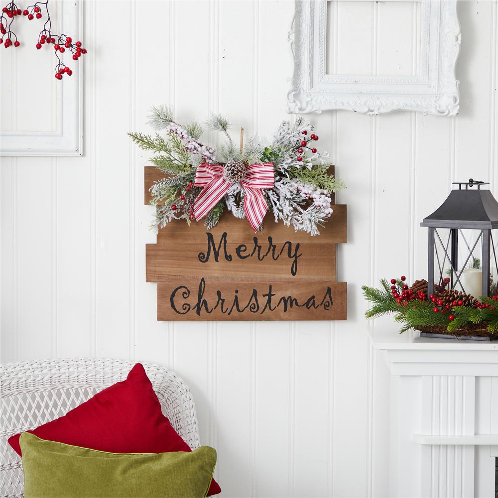 20in. Holiday Merry Christmas Door Wall Hanger with Pine and Berries Stripped Bow Wall Art Décor. Picture 4