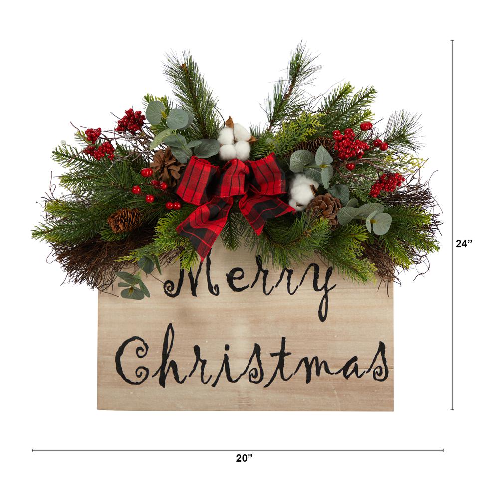 20in. Holiday Merry Christmas Door Wall Hanger with Pinecones and Berries Gingham Plaid Bow Wall Art Décor. Picture 1
