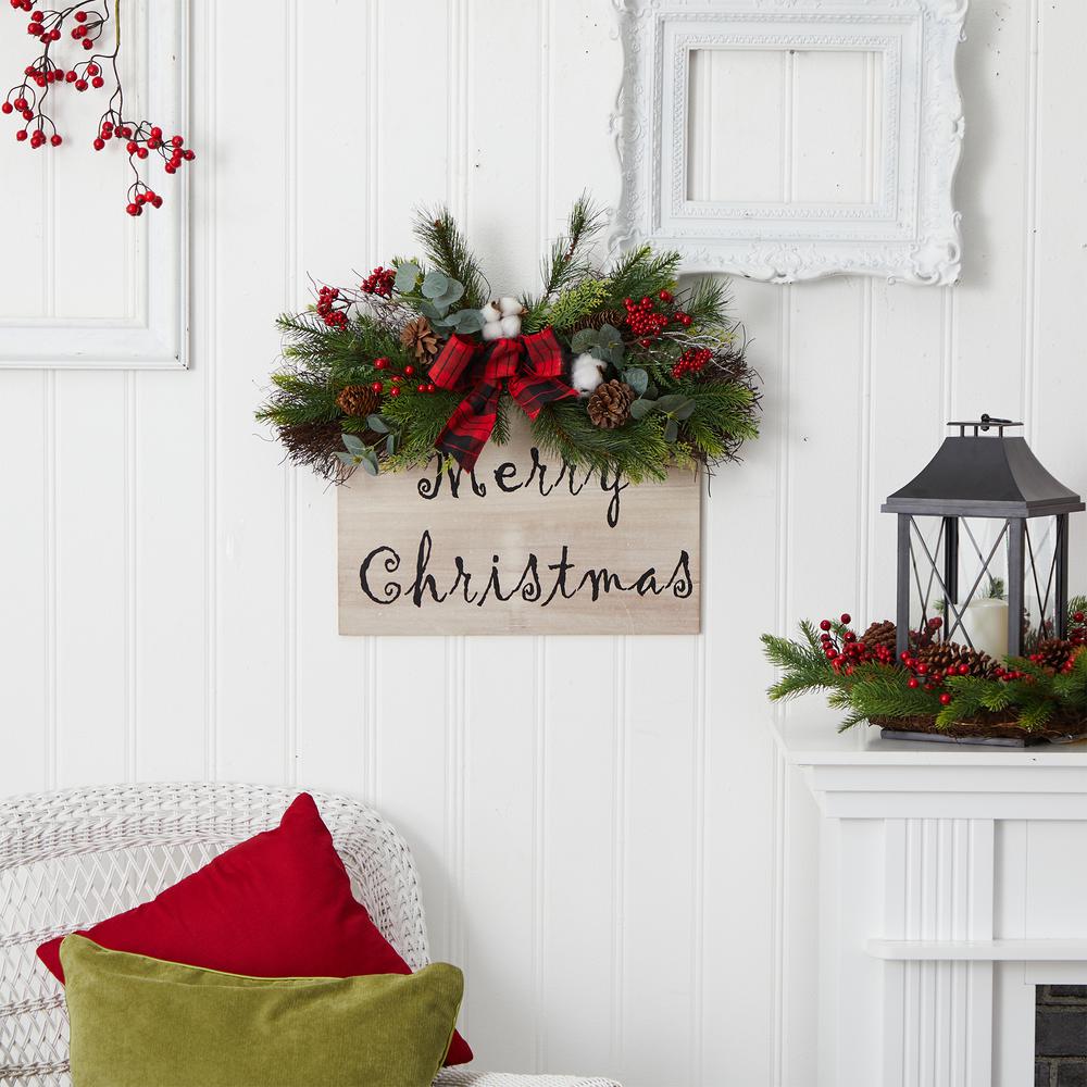 20in. Holiday Merry Christmas Door Wall Hanger with Pinecones and Berries Gingham Plaid Bow Wall Art Décor. Picture 2