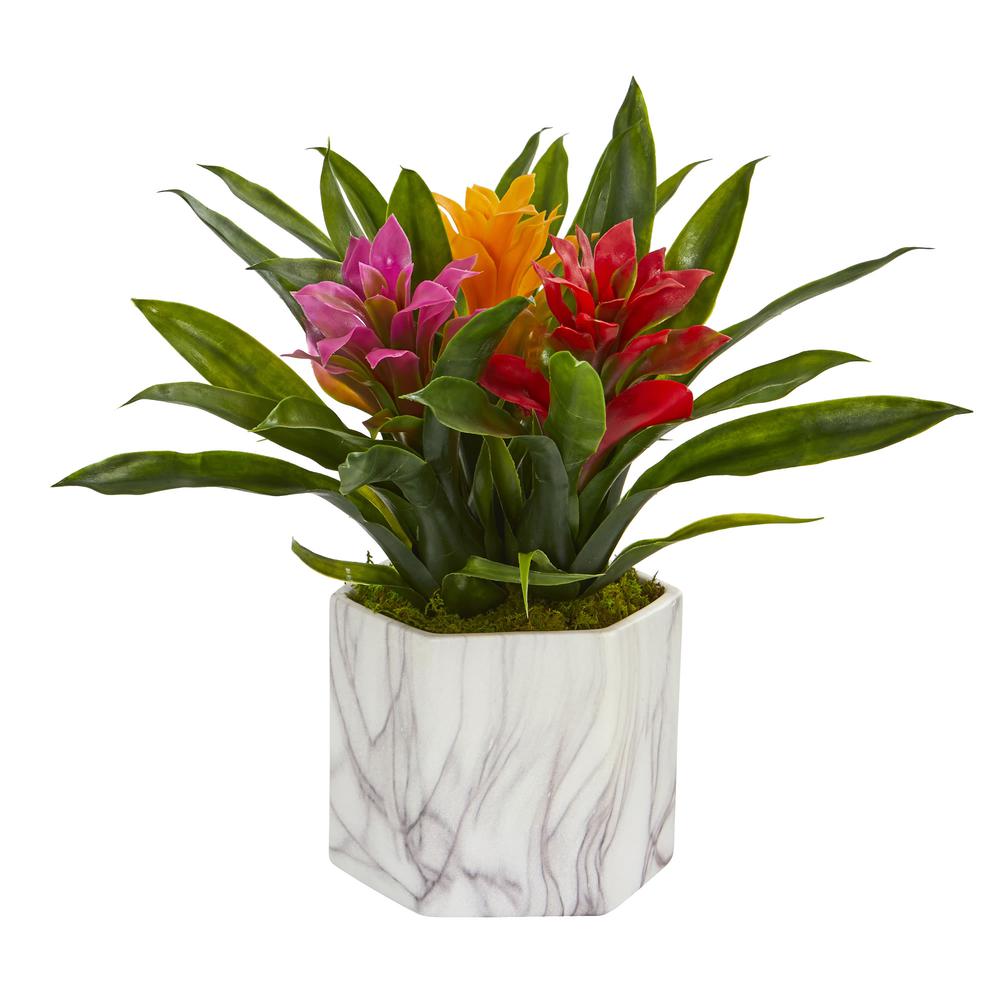 Bromeliad Artificial Plant in Marble Finished Vase, Assorted. Picture 1