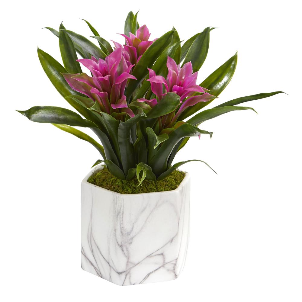 Bromeliad Artificial Plant in Marble Finished Vase, Purple. Picture 1