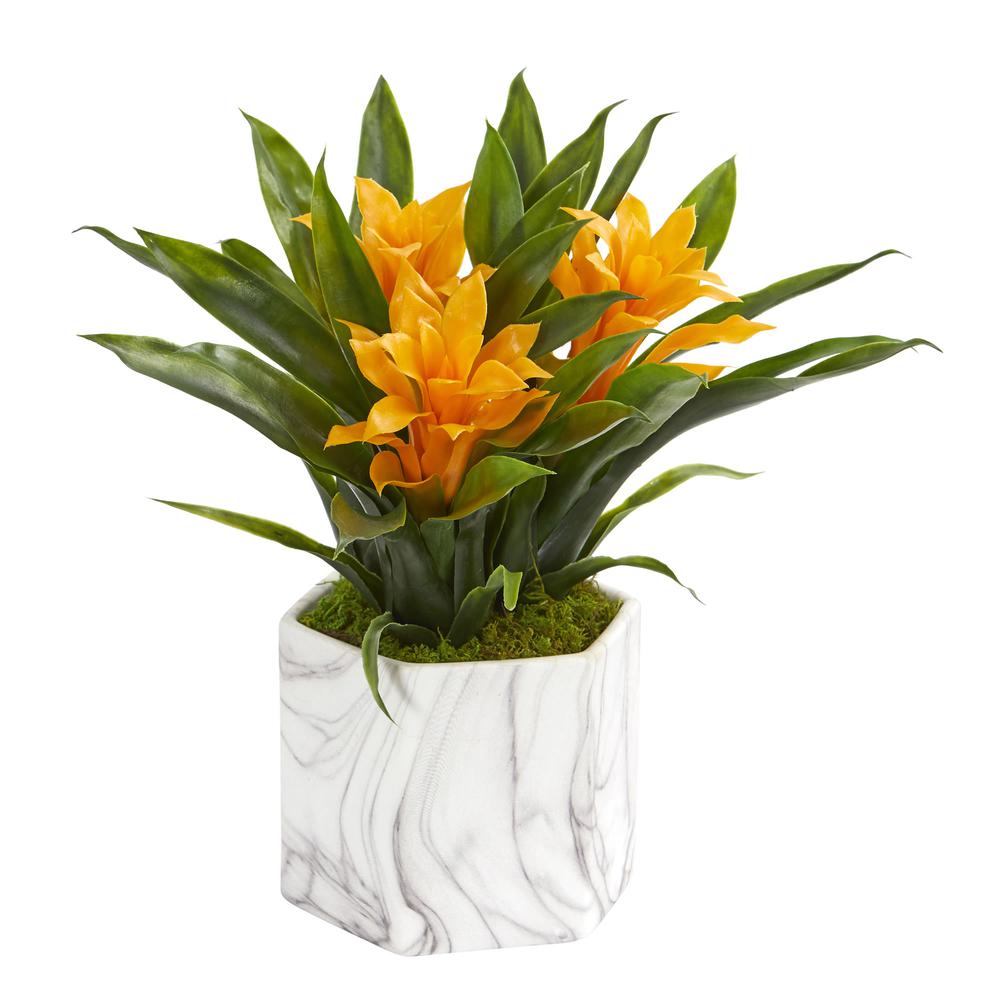 Bromeliad Artificial Plant in Marble Finished Vase, Yellow. Picture 1