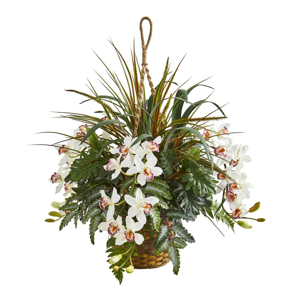 29in. Cymbidium Orchid and Mixed Greens Artificial Plant Hanging Basket. Picture 1