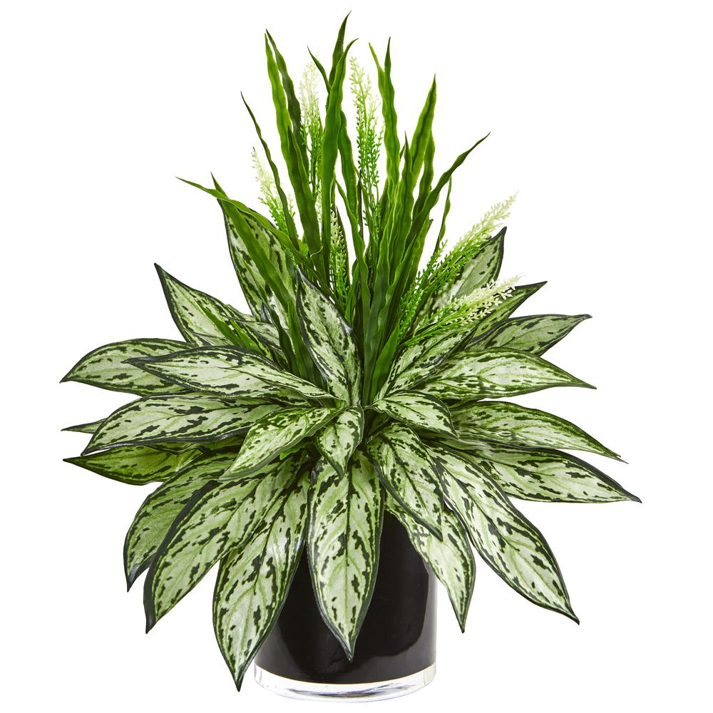 Silver Queen and Grass Artificial Plant in Black Vase. Picture 1