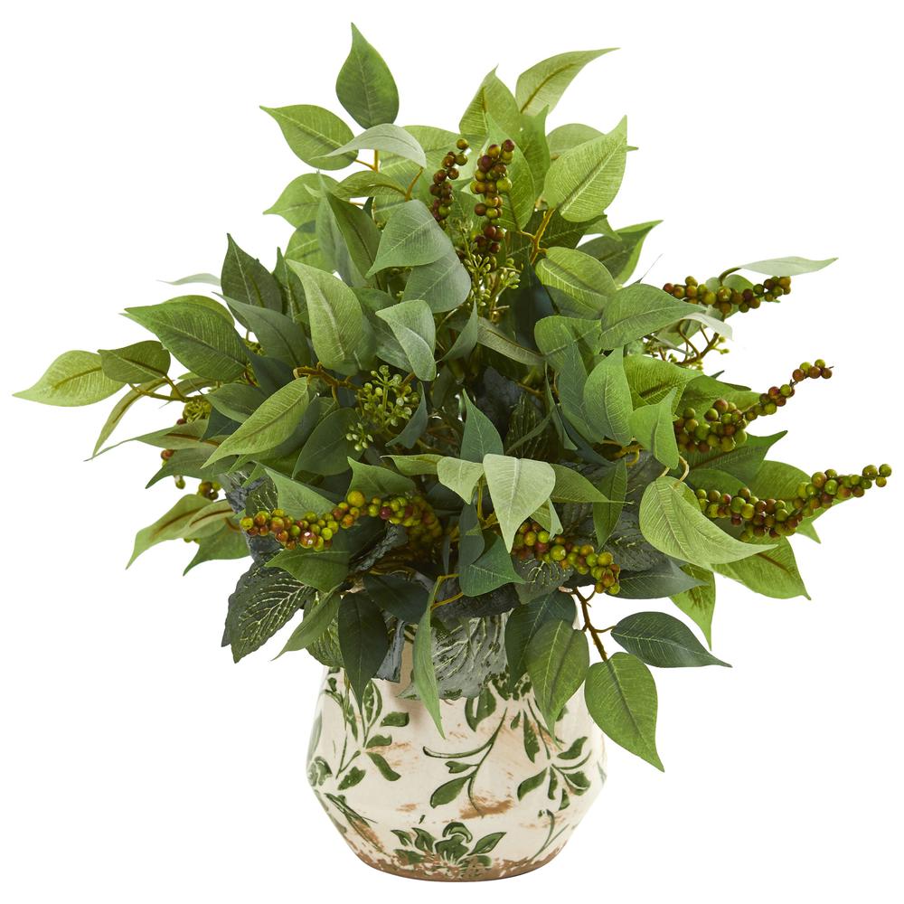 Mixed Ficus, Fittonia and Berries Artificial Plant in Floral Vase. Picture 1