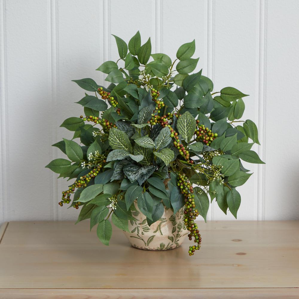 Mixed Ficus, Fittonia and Berries Artificial Plant in Floral Vase. Picture 2