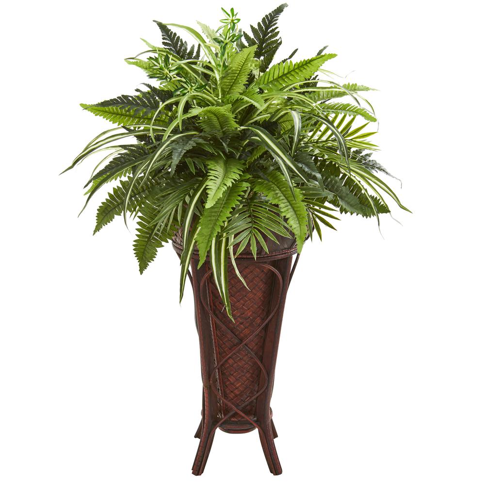 32in. Mixed Greens and Fern Artificial Plant in Decorative Stand. Picture 1