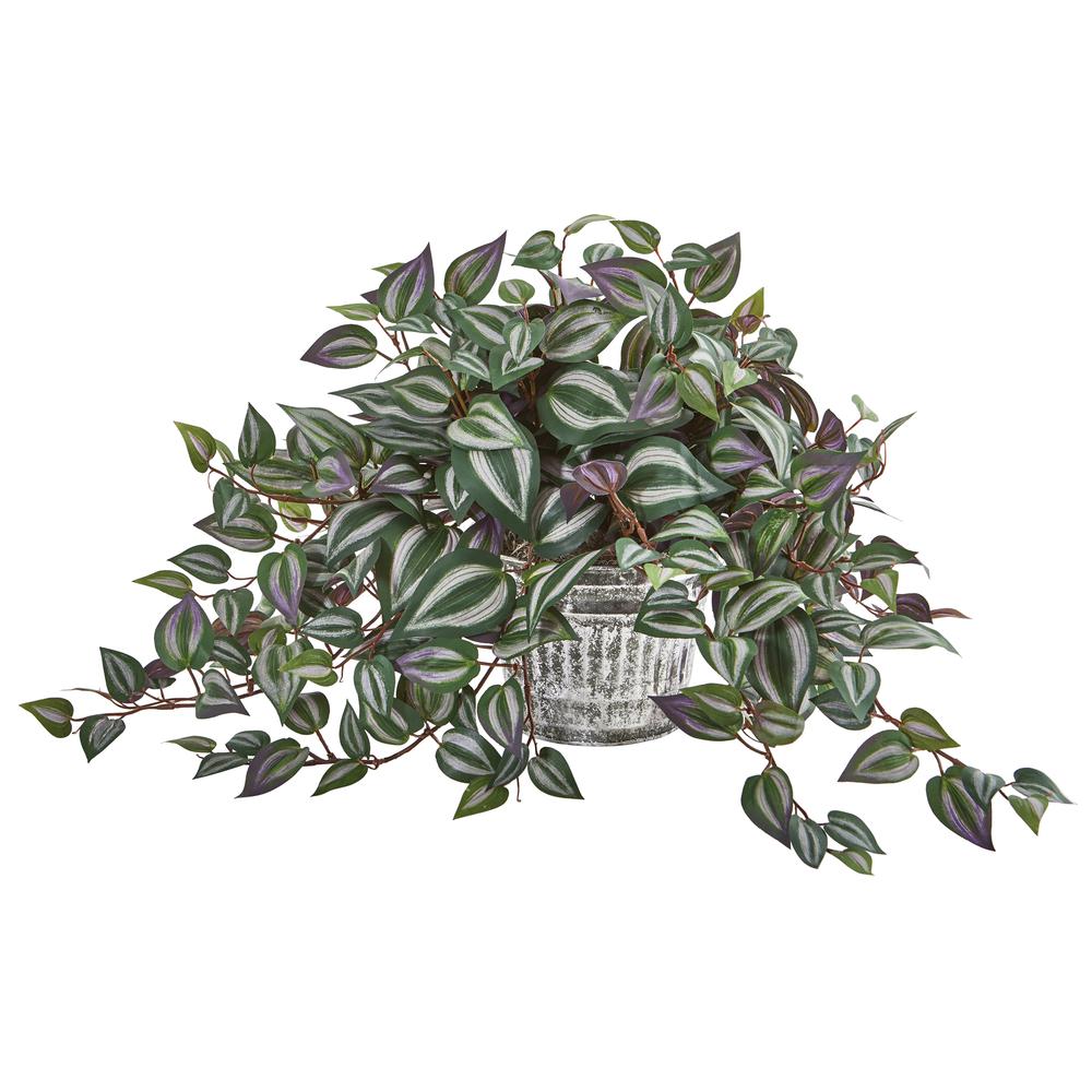 15in. Wandering Jew Artificial Plant in Vintage Metal Hanging Planter. Picture 1