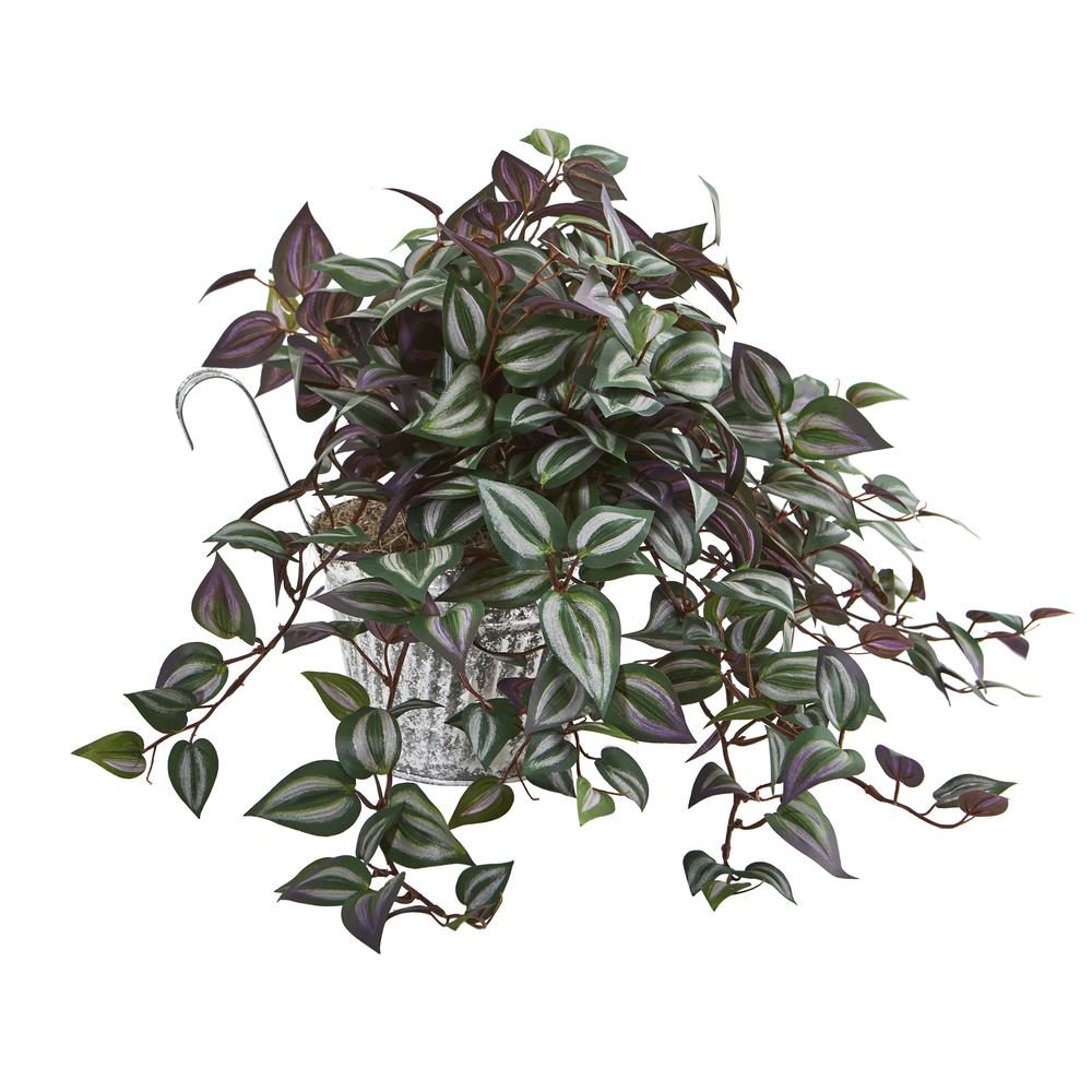 15in. Wandering Jew Artificial Plant in Vintage Metal Hanging Planter. Picture 2