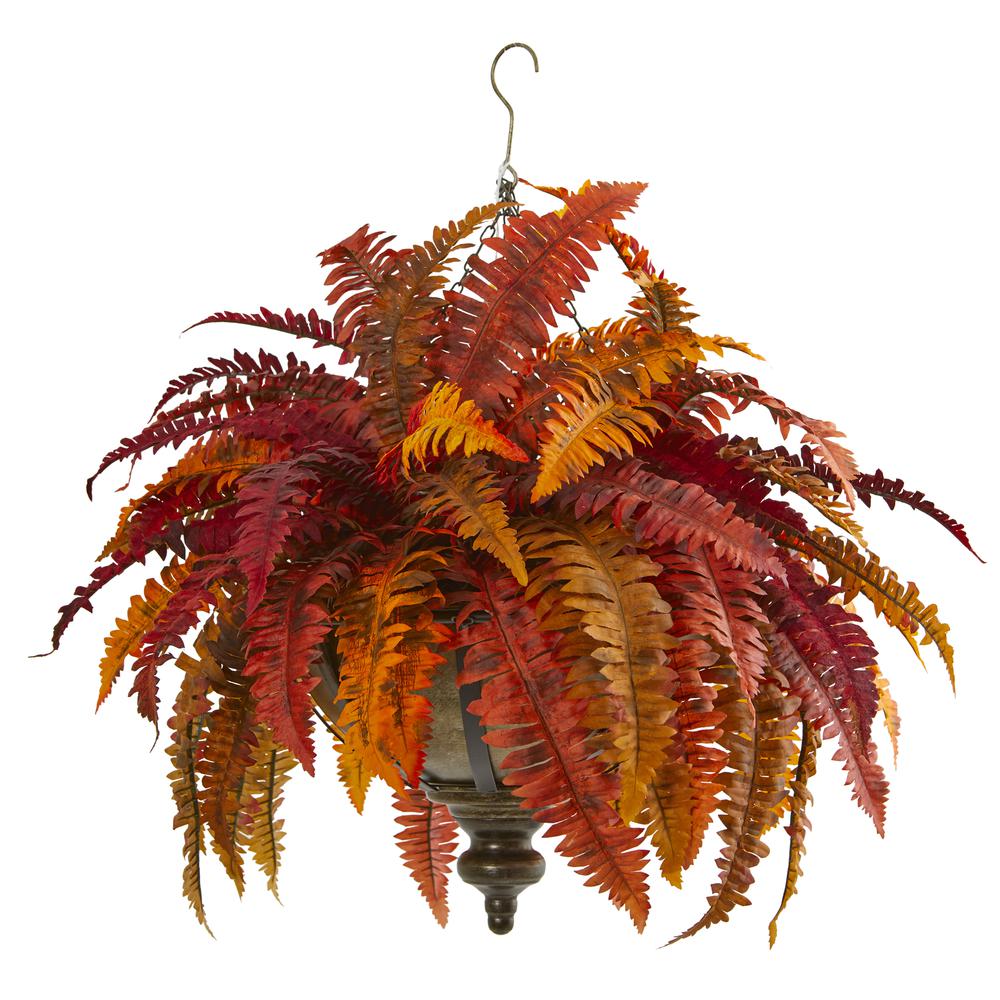 28in. Autumn Boston Fern Artificial Plant in Hanging Metal Bowl. Picture 1