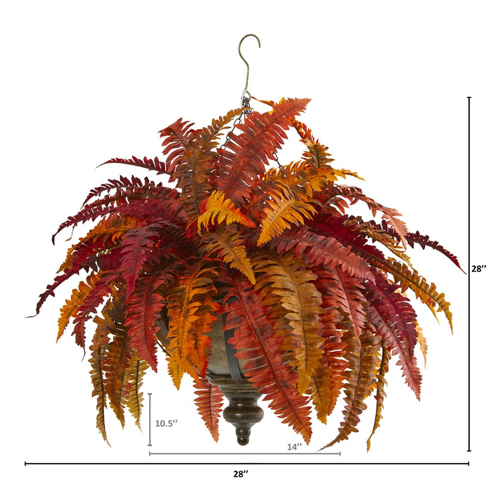 28in. Autumn Boston Fern Artificial Plant in Hanging Metal Bowl. Picture 2