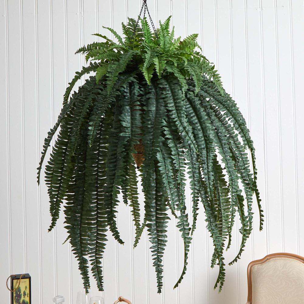 50in. Giant Boston Fern Artificial Plant in Hanging Cone. Picture 2
