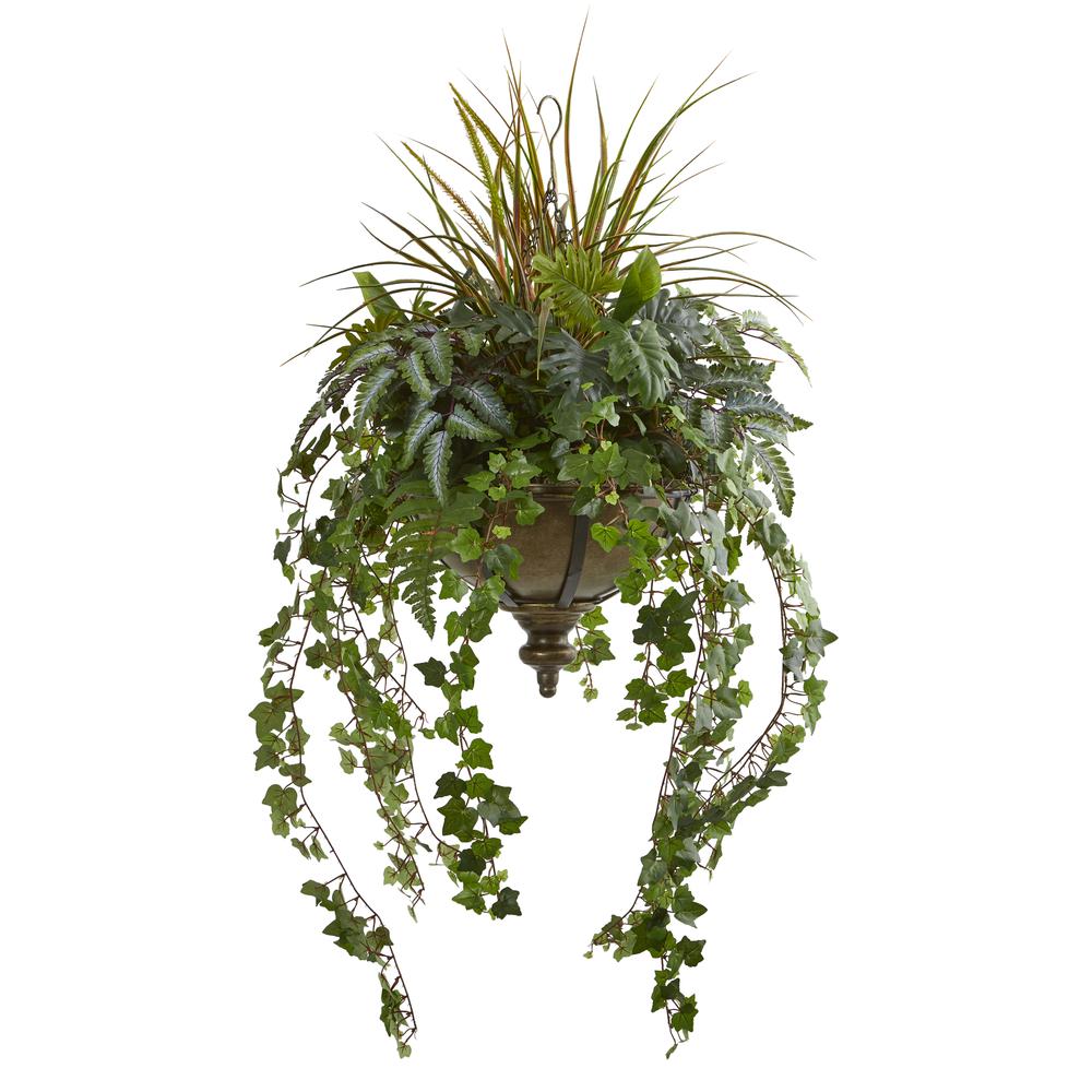 45in. Ivy and Mix Greens Artificial Plant in Hanging Metal Bowl. Picture 1