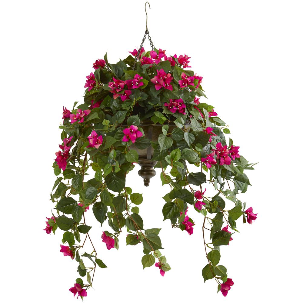 37in. Bougainvillea Artificial Plant in Hanging Metal Bowl. Picture 1