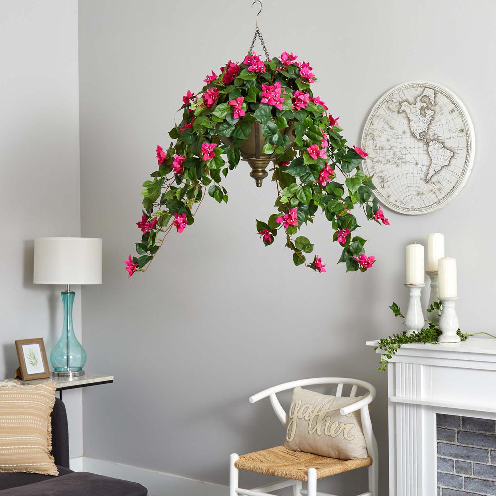 37in. Bougainvillea Artificial Plant in Hanging Metal Bowl. Picture 2
