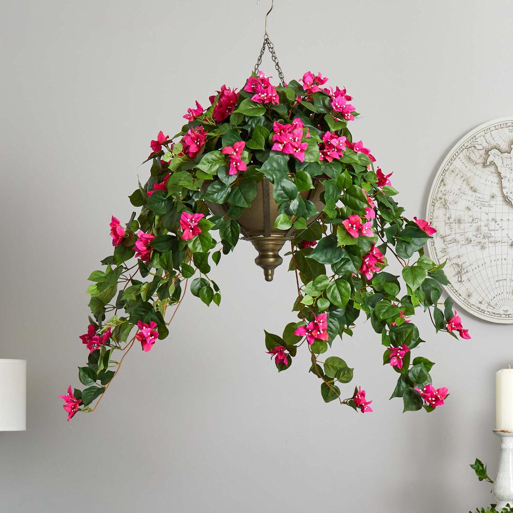 37in. Bougainvillea Artificial Plant in Hanging Metal Bowl. Picture 3