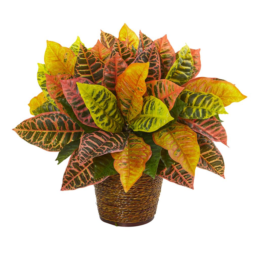 17in. Garden Croton Artificial Plant in Basket (Real Touch). Picture 1
