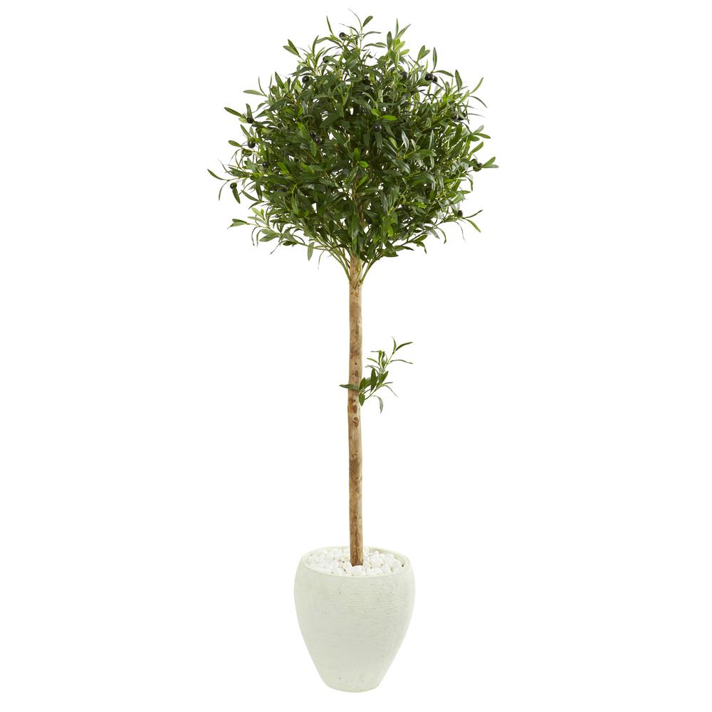 5ft. Olive Topiary Artificial Tree in White Planter. Picture 1