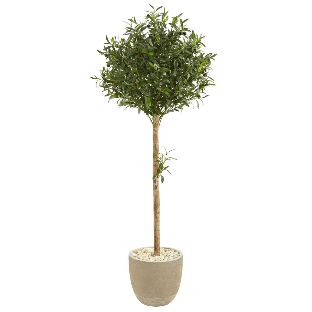 5ft. Olive Topiary Artificial Tree in Sand Stone Planter. Picture 1
