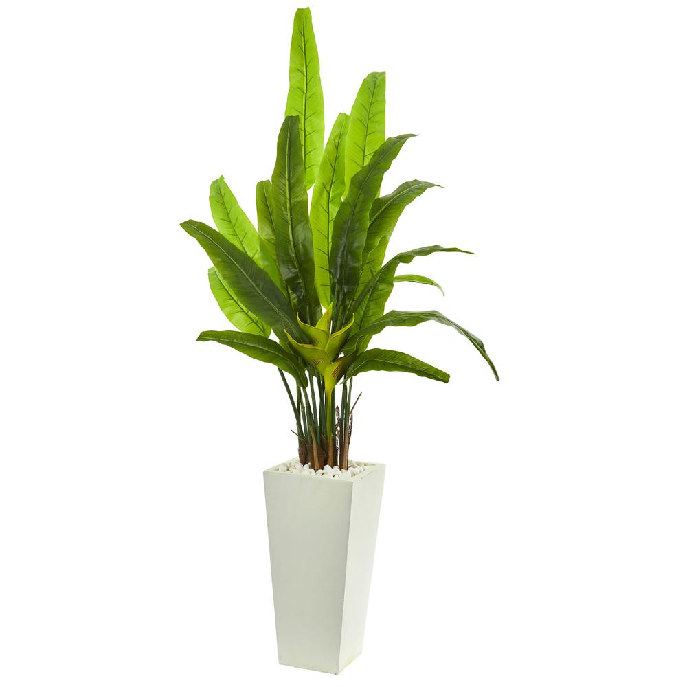 69in. Travelers Palm Artificial Tree in White Tower Planter. Picture 1