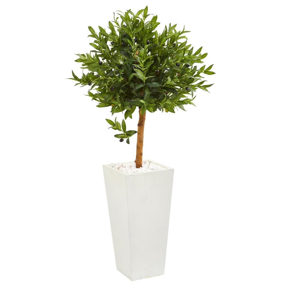 4ft. Olive Topiary Artificial Tree in White Planter UV Resistant (Indoor/Outdoor). Picture 1