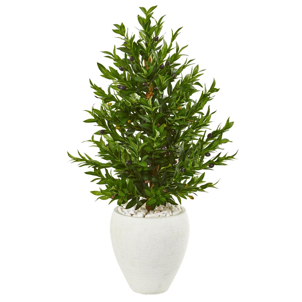3.5ft. Olive Cone Topiary Artificial Tree in White Planter UV Resistant (Indoor/Outdoor). Picture 1