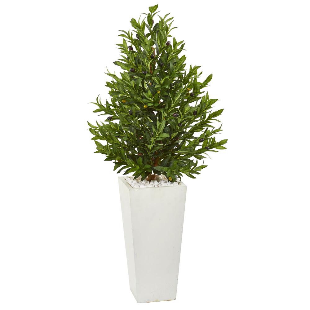 4ft. Olive Cone Topiary Artificial Tree in White Planter UV Resistant (Indoor/Outdoor). Picture 1