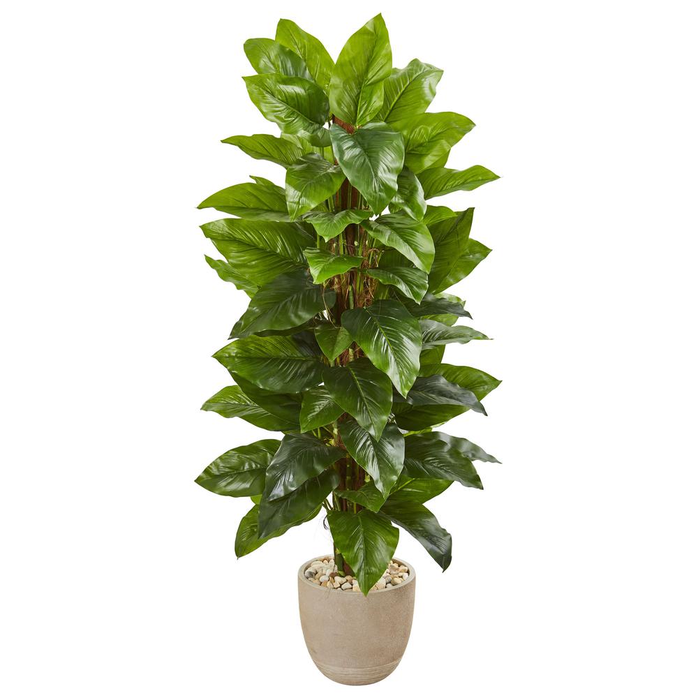 58in. Large Leaf Philodendron Artificial Plant in Sand Stone Planter (Real Touch). Picture 1
