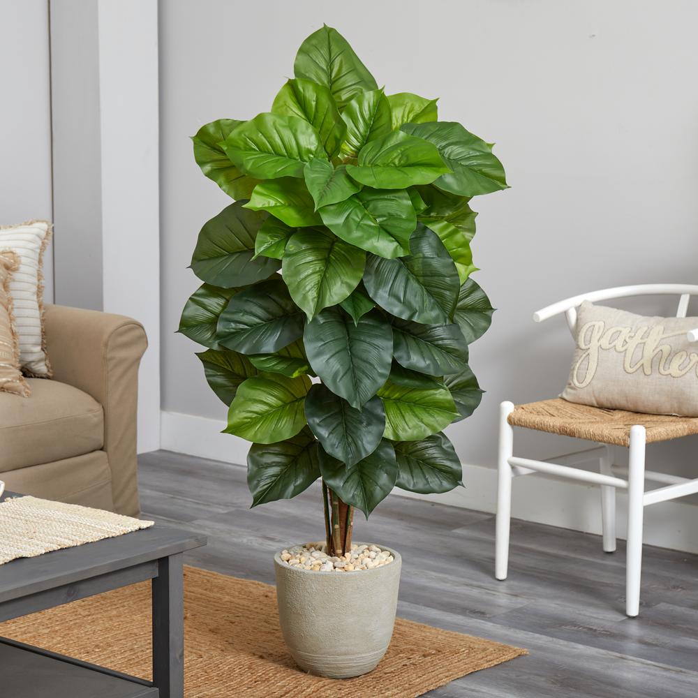 58in. Large Leaf Philodendron Artificial Plant in Sand Stone Planter (Real Touch). Picture 2