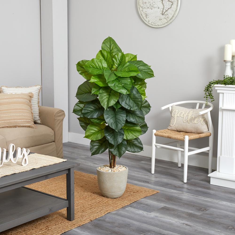 58in. Large Leaf Philodendron Artificial Plant in Sand Stone Planter (Real Touch). Picture 3