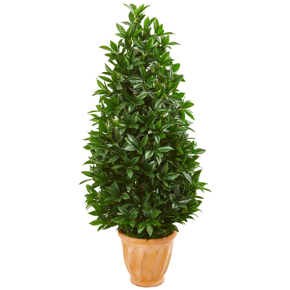 4.5ft. Bay Leaf Cone Topiary Artificial Tree in Terra Cotta Planter. Picture 1