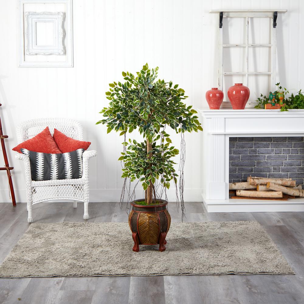 59in. Variegated Ficus Artificial Tree in Decorative Planter. Picture 3