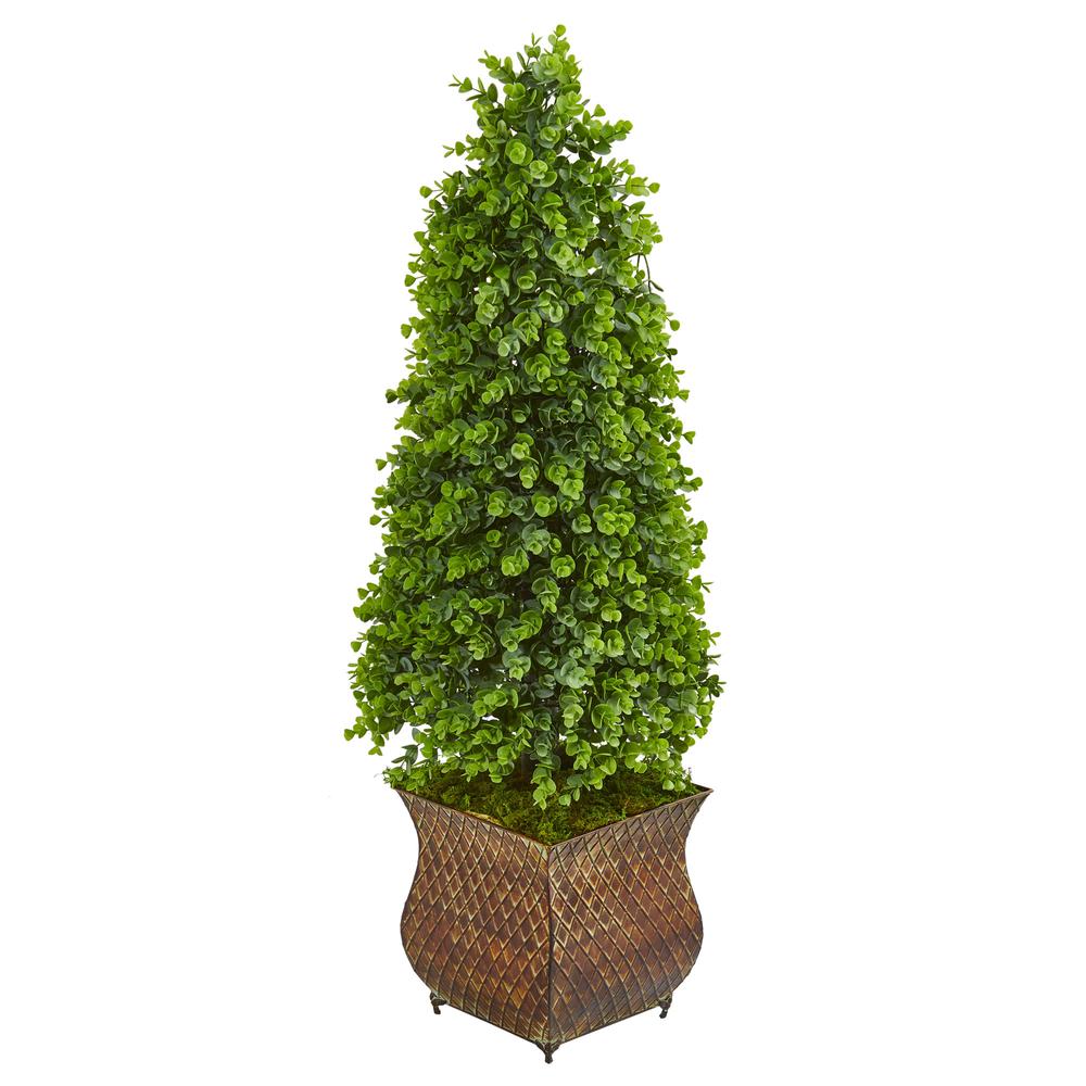 41in. Eucalyptus Cone Topiary Artificial Tree in Metal Planter (Indoor/Outdoor). Picture 1