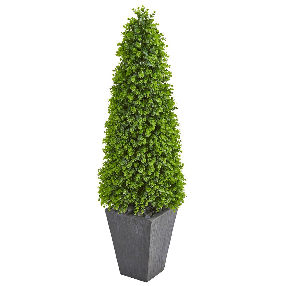 57in. Eucalyptus Topiary Artificial Tree in Slate Planter (Indoor/Outdoor). Picture 1