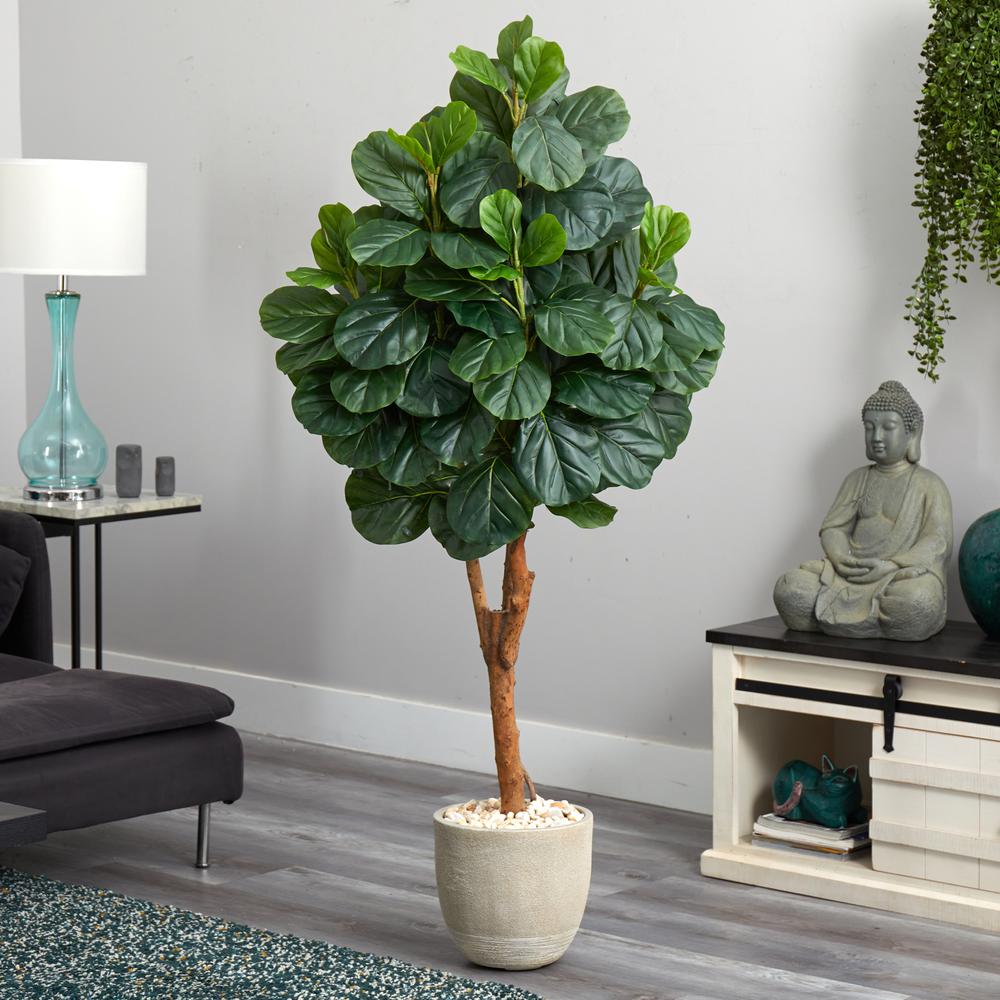 67in. Fiddle Leaf Fig Artificial Tree in Sand Stone Planter. Picture 3