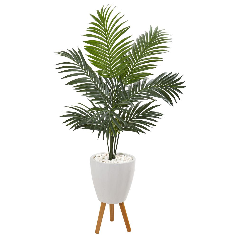 4.5ft. Kentia Artificial Palm Tree in White Planter with Legs. Picture 1