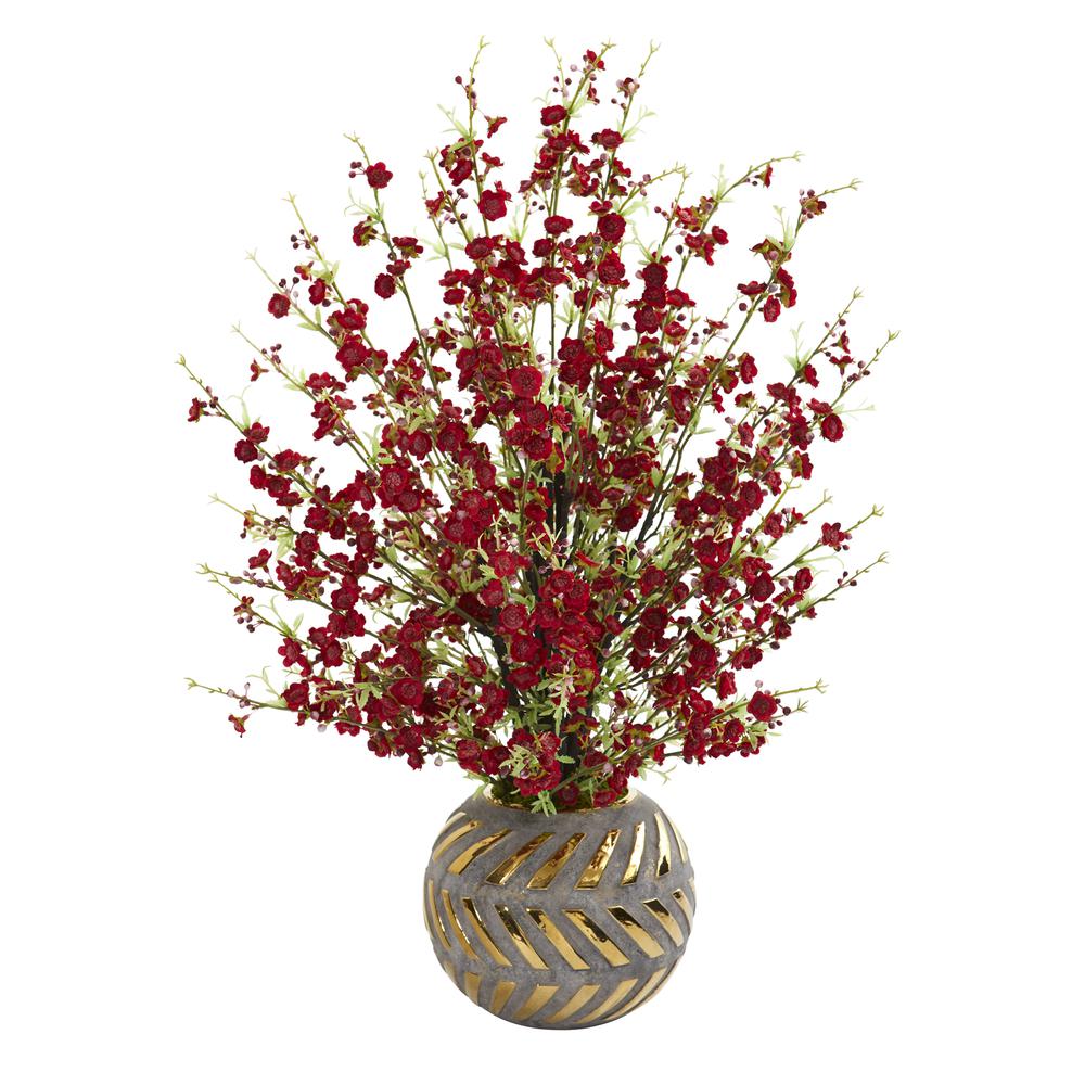 30in. Cherry Blossom Artificial Arrangement in Stoneware Vase with Gold Trimming. Picture 1